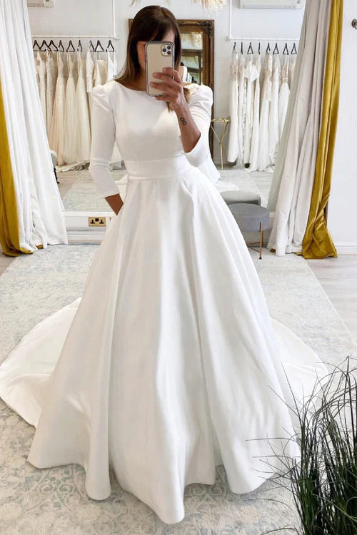 Aimishang Elegant White Vintage A-Line Long Satin Bateau-Neck Wedding Dress