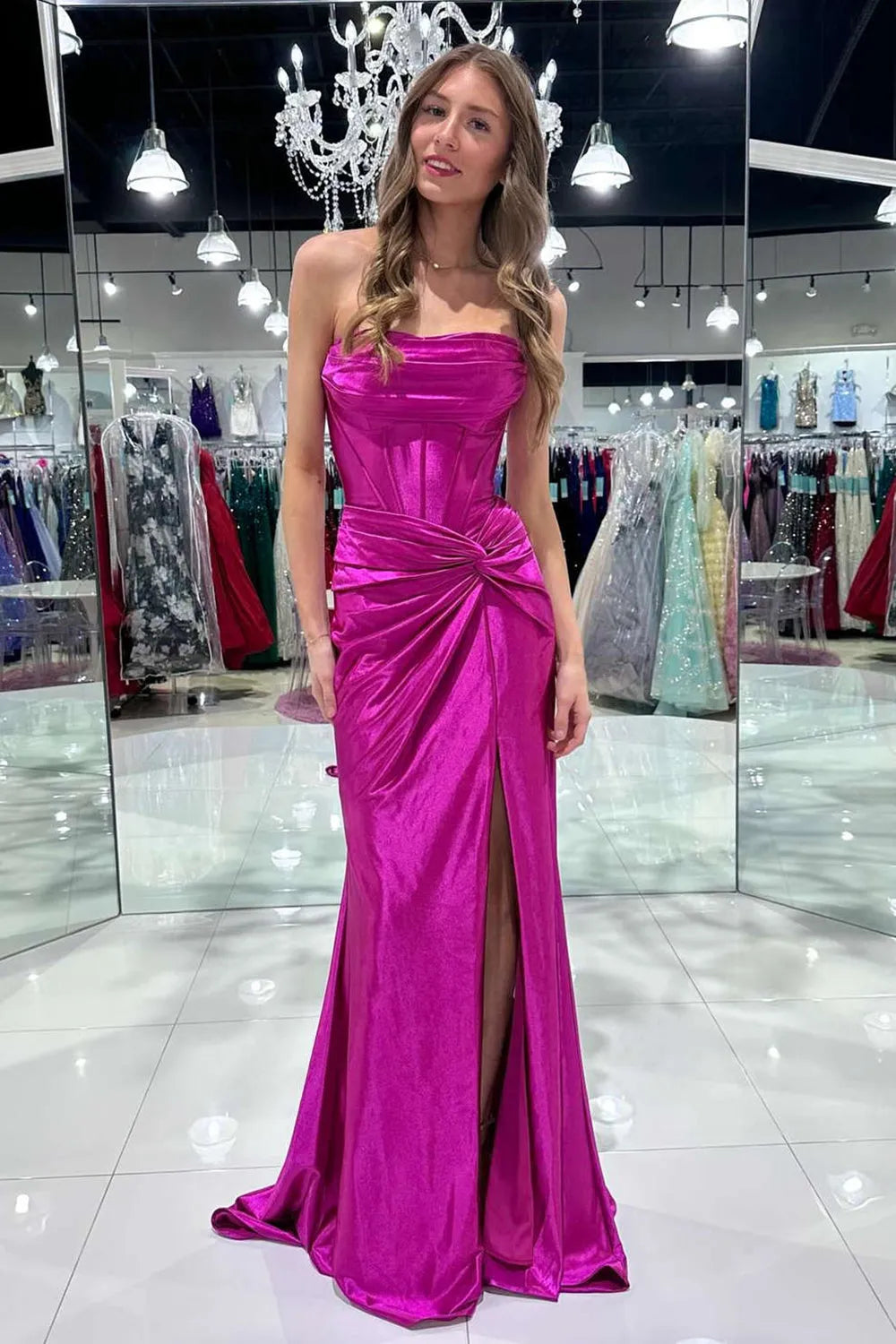 Wholesale Stylish Mermaid Strapless Lace Up Long Satin Prom Dress With Split prom dresses with long sleeves