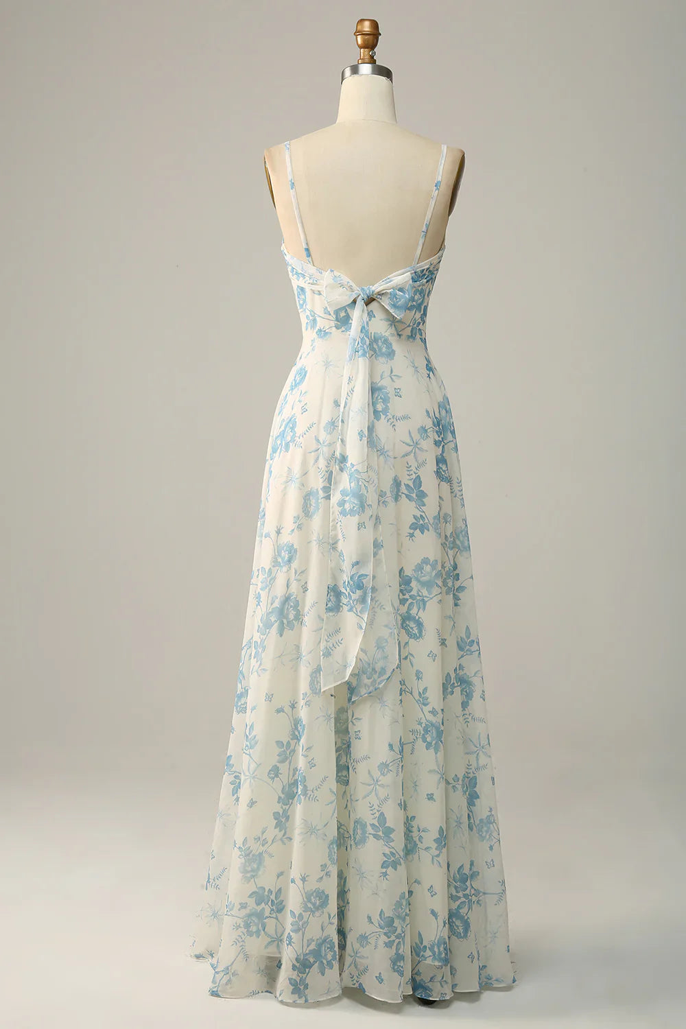 Spaghetti Straps White Blue Flower Floral Long Bridesmaid Dress
