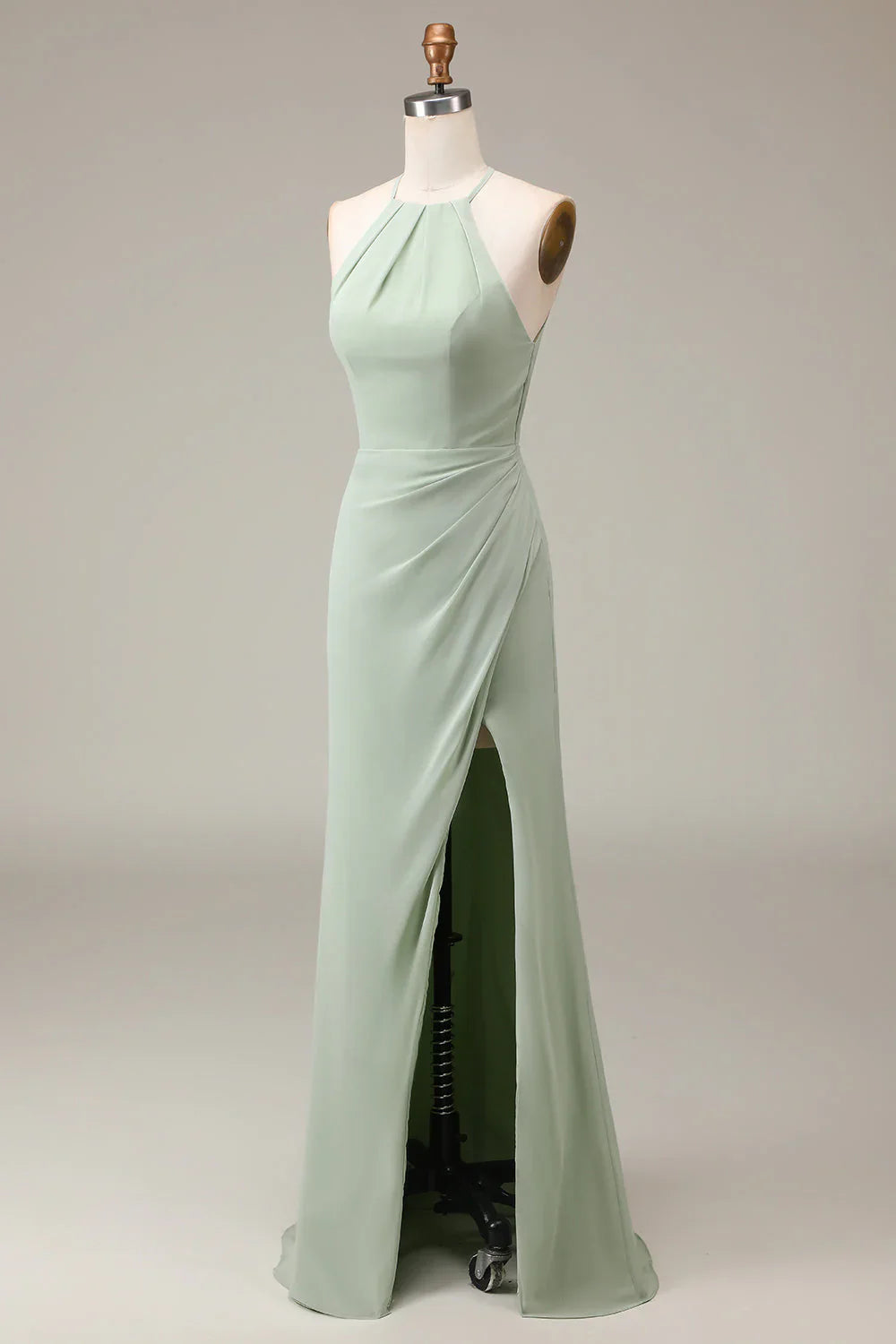 Halter Neck Sheath Pleated Bridesmaid Dress With Slit