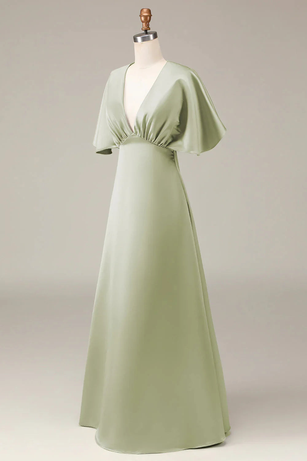 V-Neck Short Sleeves A-Line Satin Bridesmaid Dress