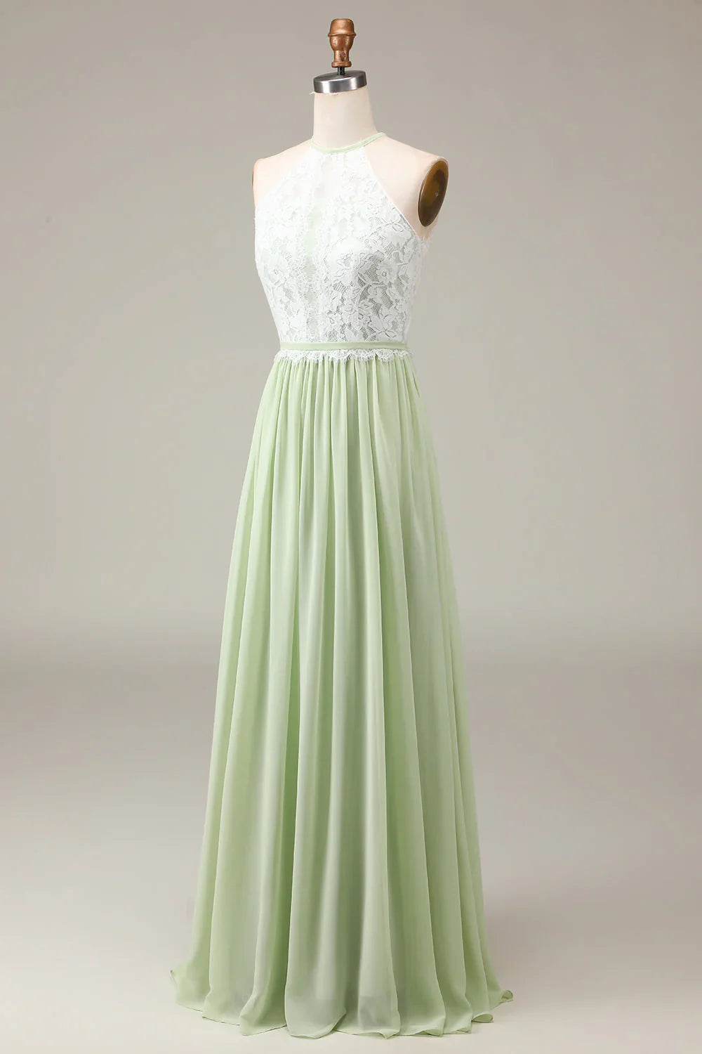 Halter Neck Lace And Chiffon A-Line Floor Length Bridesmaid Dress