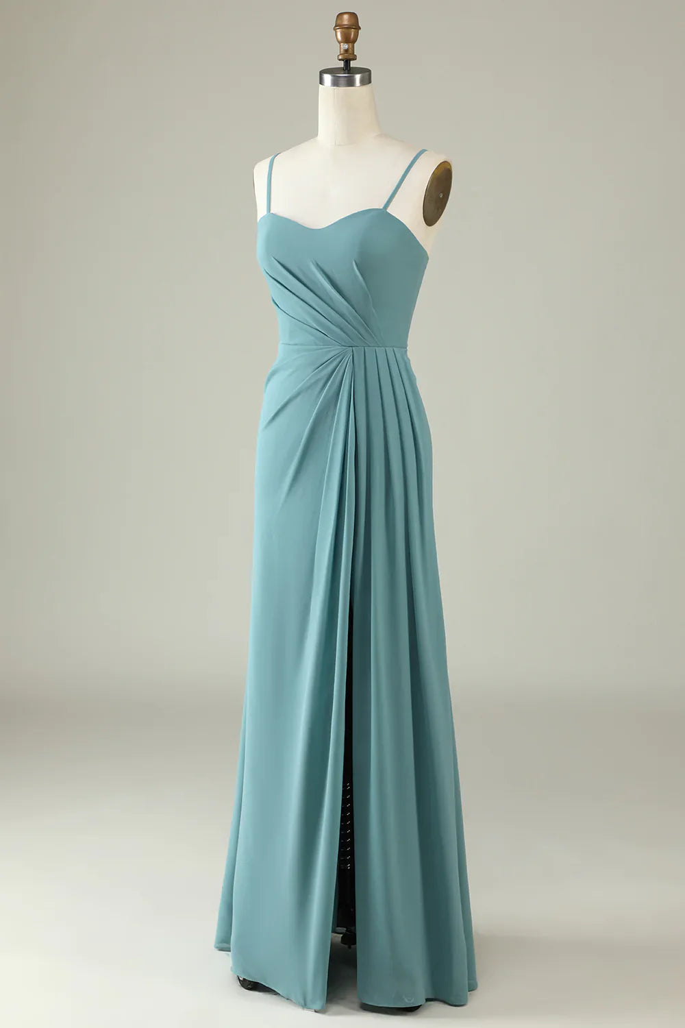 Strapless Thin Shoulder Strap Draped Long Chiffon Bridesmaid Dres s