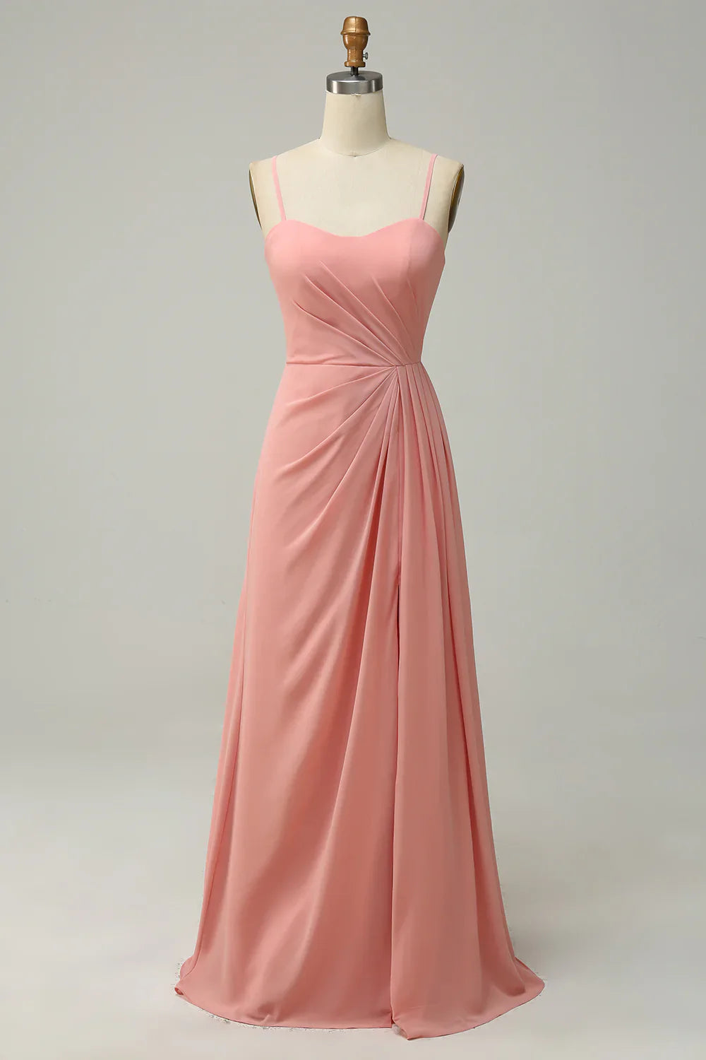 Strapless Thin Shoulder Strap Draped Long Chiffon Bridesmaid Dres s