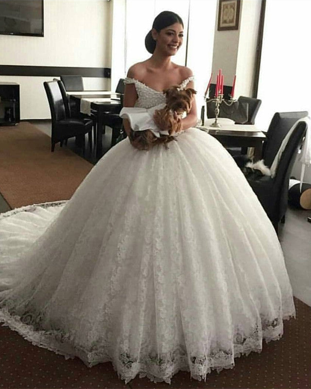 Lace Wedding Dress Ball Gown Pearl Beaded Off Shoulder