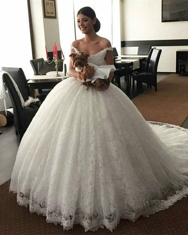 Lace Wedding Dress Ball Gown Pearl Beaded Off Shoulder