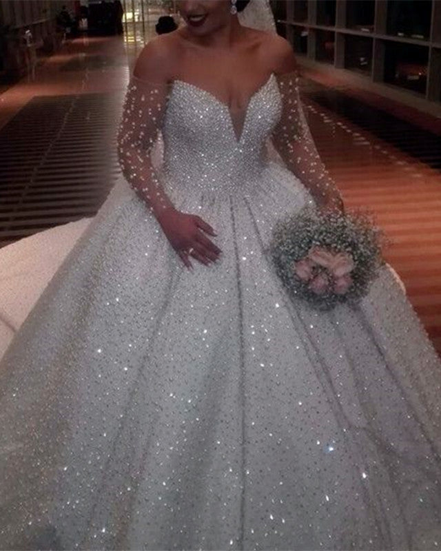 Ball Gown Sparkly Long Sleeve Wedding Dress Off The Shoulder