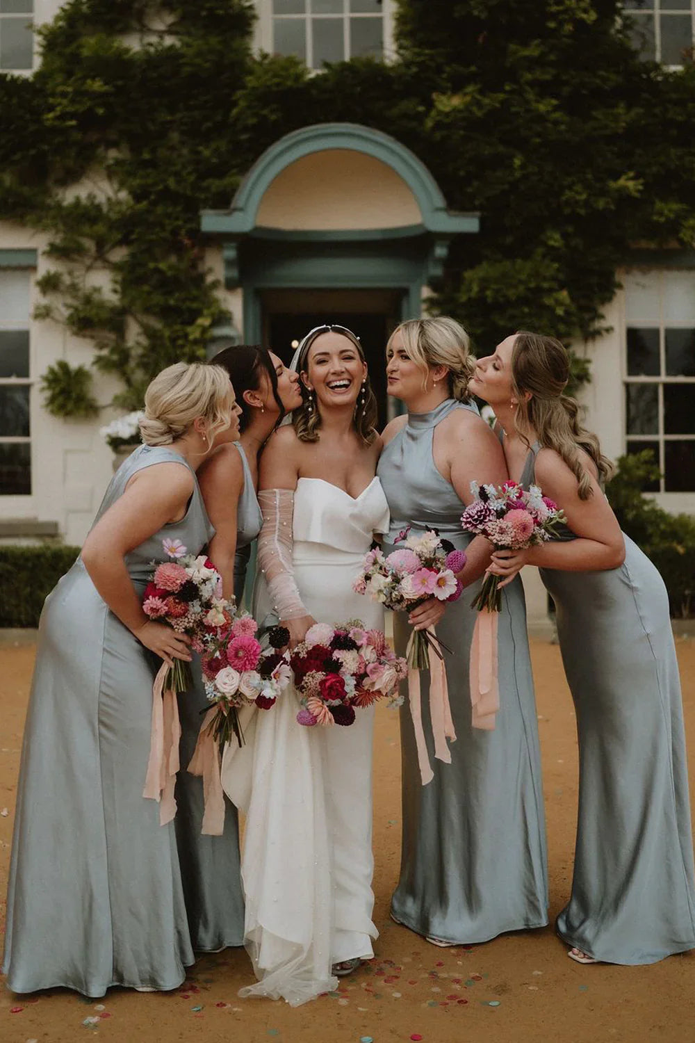Wedding Dress For Guest/Elegant Sheath Halter Dusty Grey Blue Long Bridesmaid Dresses/Formal Wear Dresses