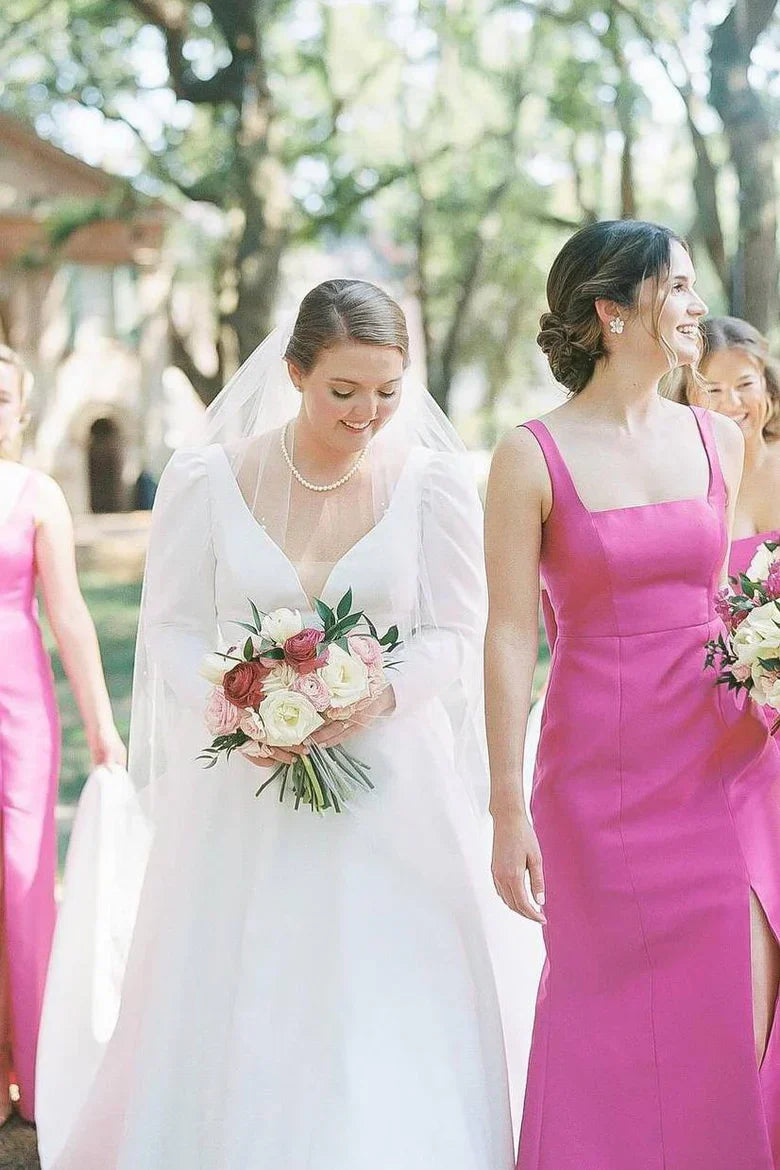Wedding Dress For Guest/Elegant Sheath Square Neck Fuchsia Satin Bridesmaid Dresses with Bow/Formal Wear Dresses
