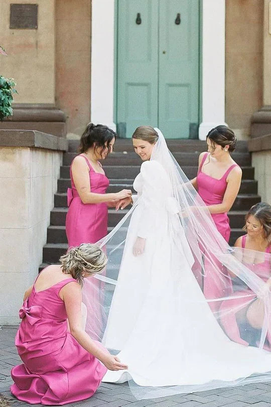 Wedding Dress For Guest/Elegant Sheath Square Neck Fuchsia Satin Bridesmaid Dresses with Bow/Formal Wear Dresses