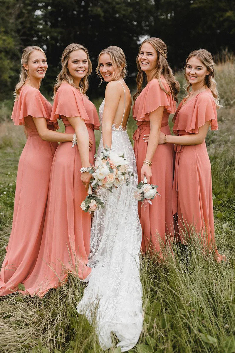 Wedding Dress For Guest/Simple A-Line Coral Chiffon Long Bridesmaid Dresses/Formal Wear Dresses
