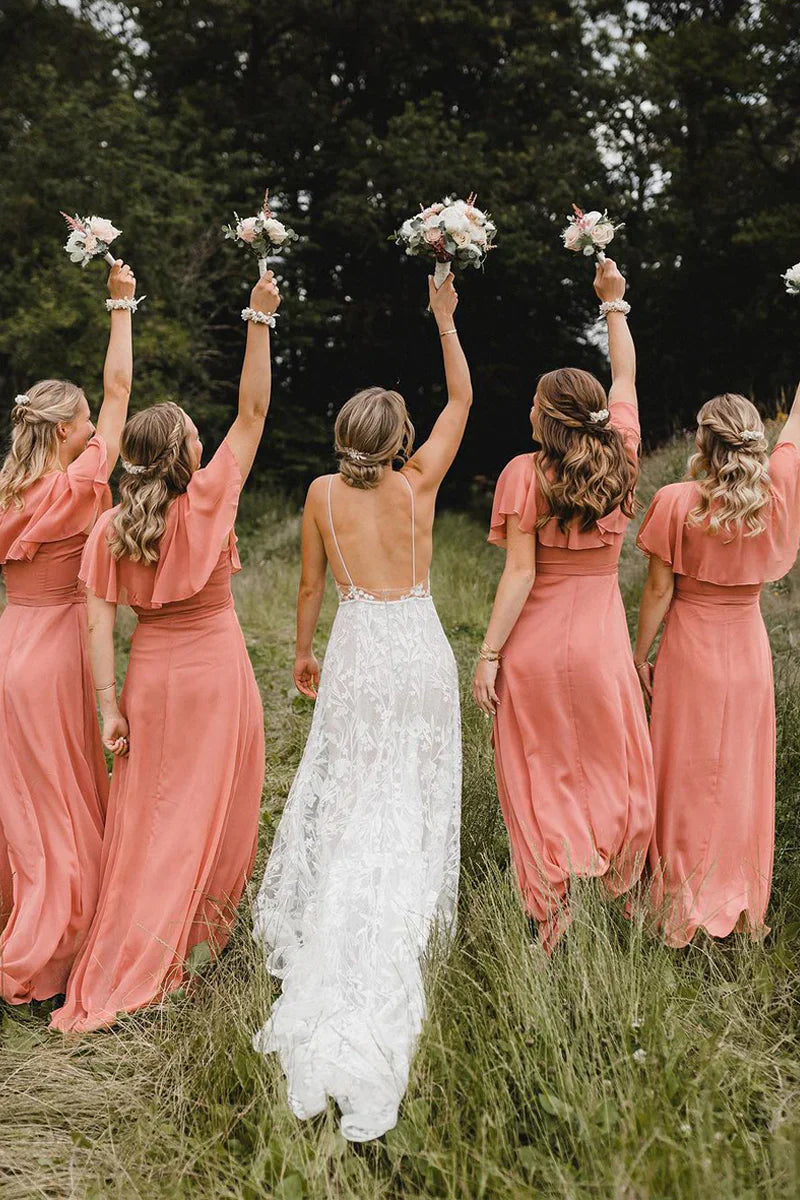 Wedding Dress For Guest/Simple A-Line Coral Chiffon Long Bridesmaid Dresses/Formal Wear Dresses