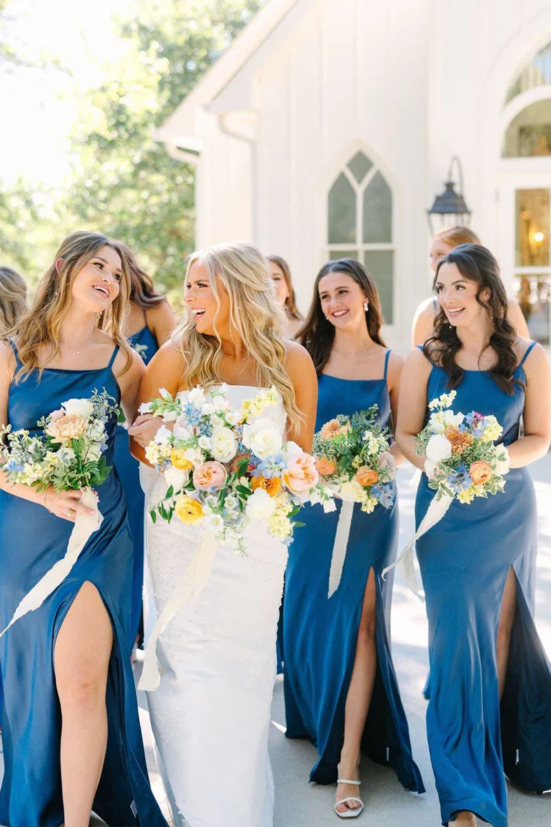 Wedding Dress For Guest/Simple Mermaid Spaghetti Straps Blue Long Bridesmaid Dresses with Bow Back/Formal Wear Dresses