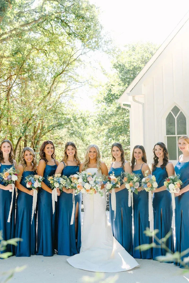 Wedding Dress For Guest/Simple Mermaid Spaghetti Straps Blue Long Bridesmaid Dresses with Bow Back/Formal Wear Dresses