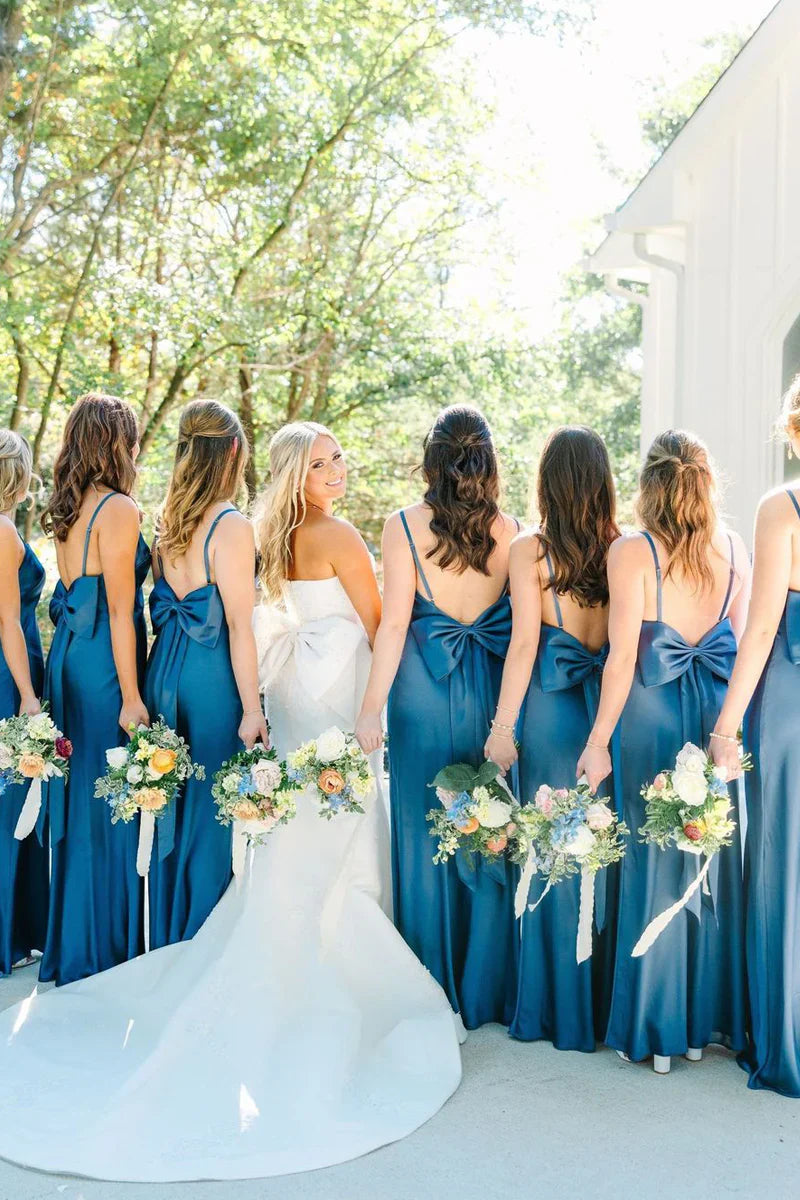Wedding Dress For Guest/Simple Mermaid Spaghetti Straps Blue Long Bridesmaid Dresses with Bow Back/Formal Wear Dresses