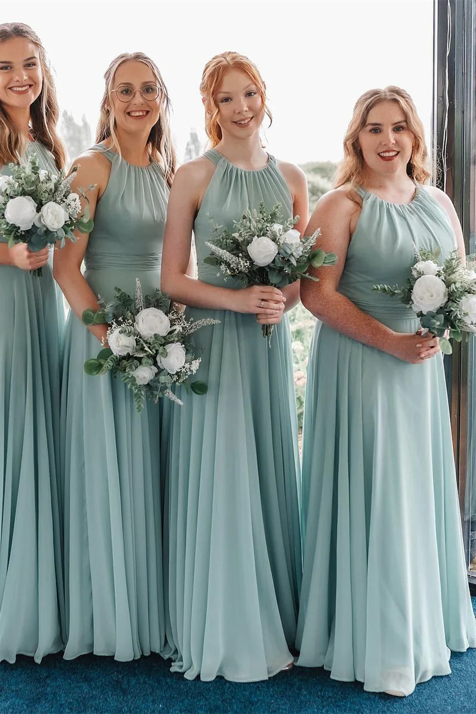 Weitese Dress Halter Blue Chiffon A-line Long Bridesmaid Dress Formal Wear Dresses
