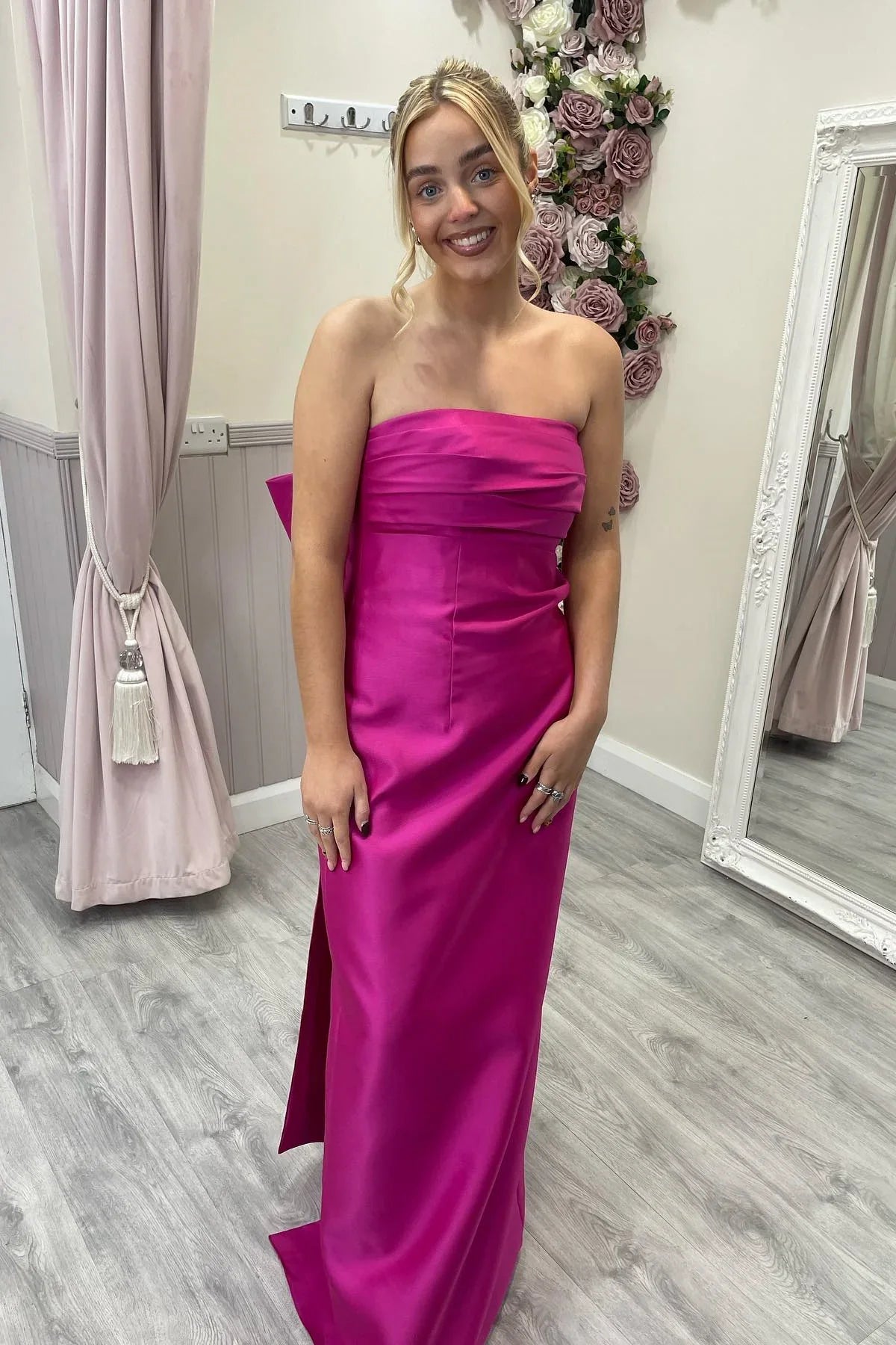 Weitese Dress Strapless Fuchsia Sheath Long Party Dress with Bow Back Bridesmaid Dress Formal Wear Dresses