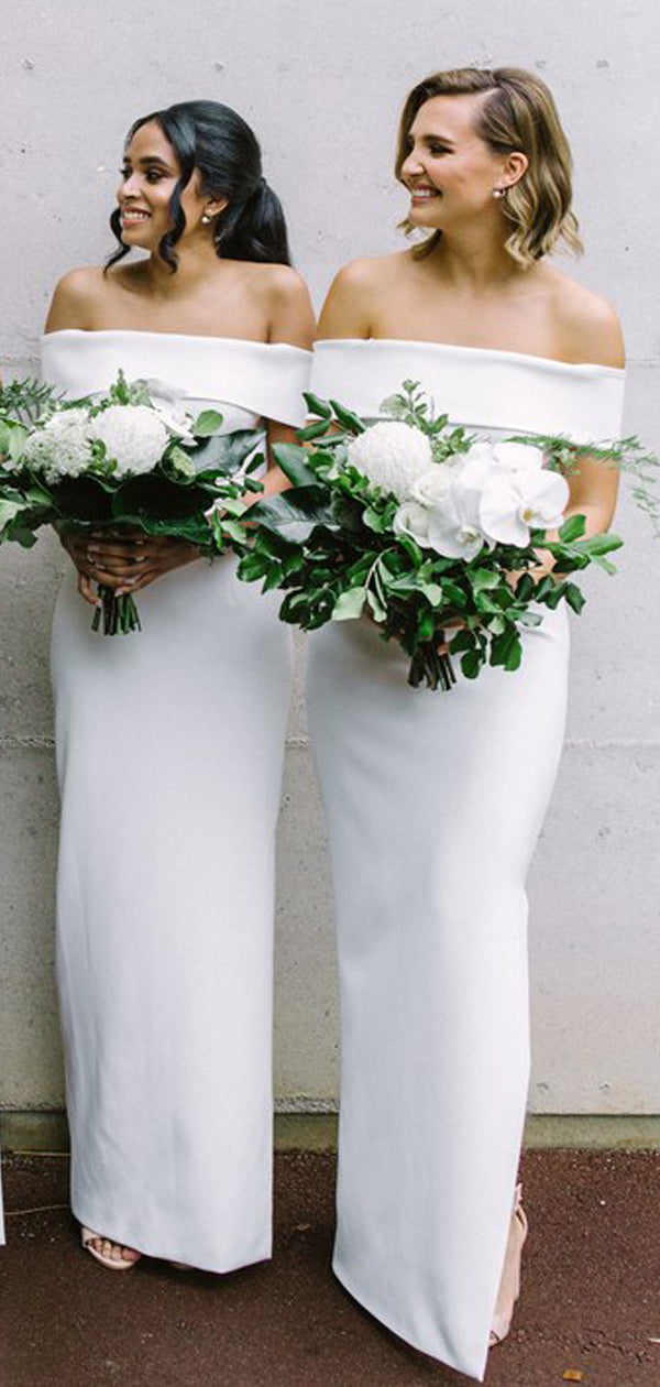 White Jersey Off Shoulder Sheath Simple Long Bridesmaid Dresses ,DB130