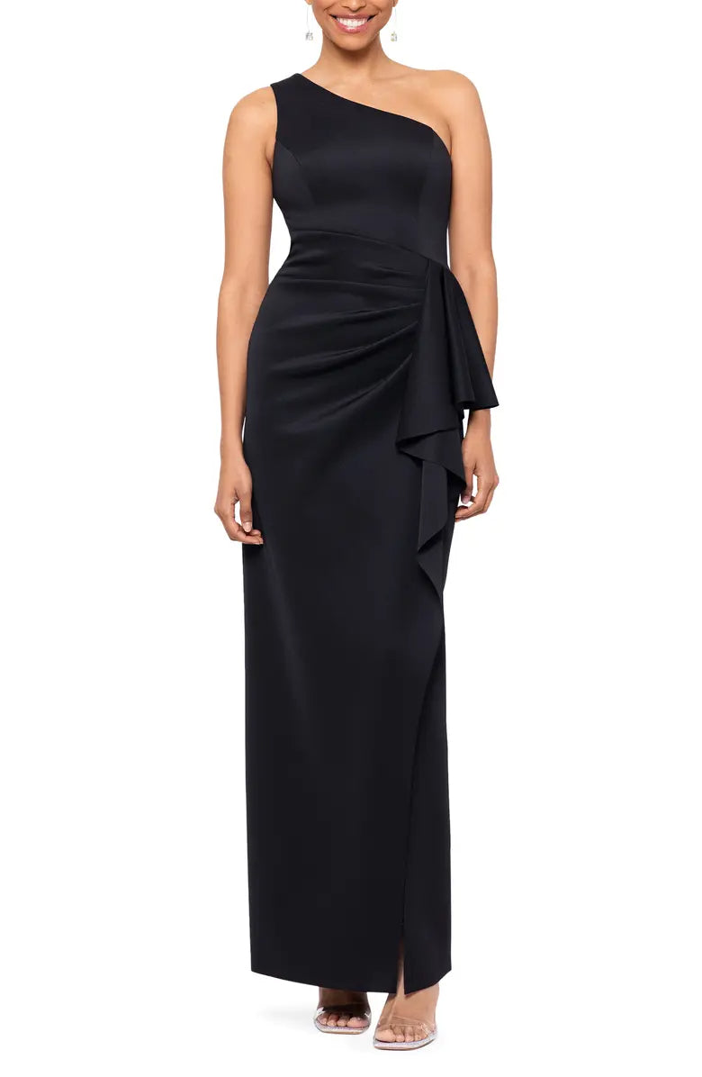 Noble and elegant one shoulder off the shoulder ruffled edge open back front slit evening dress