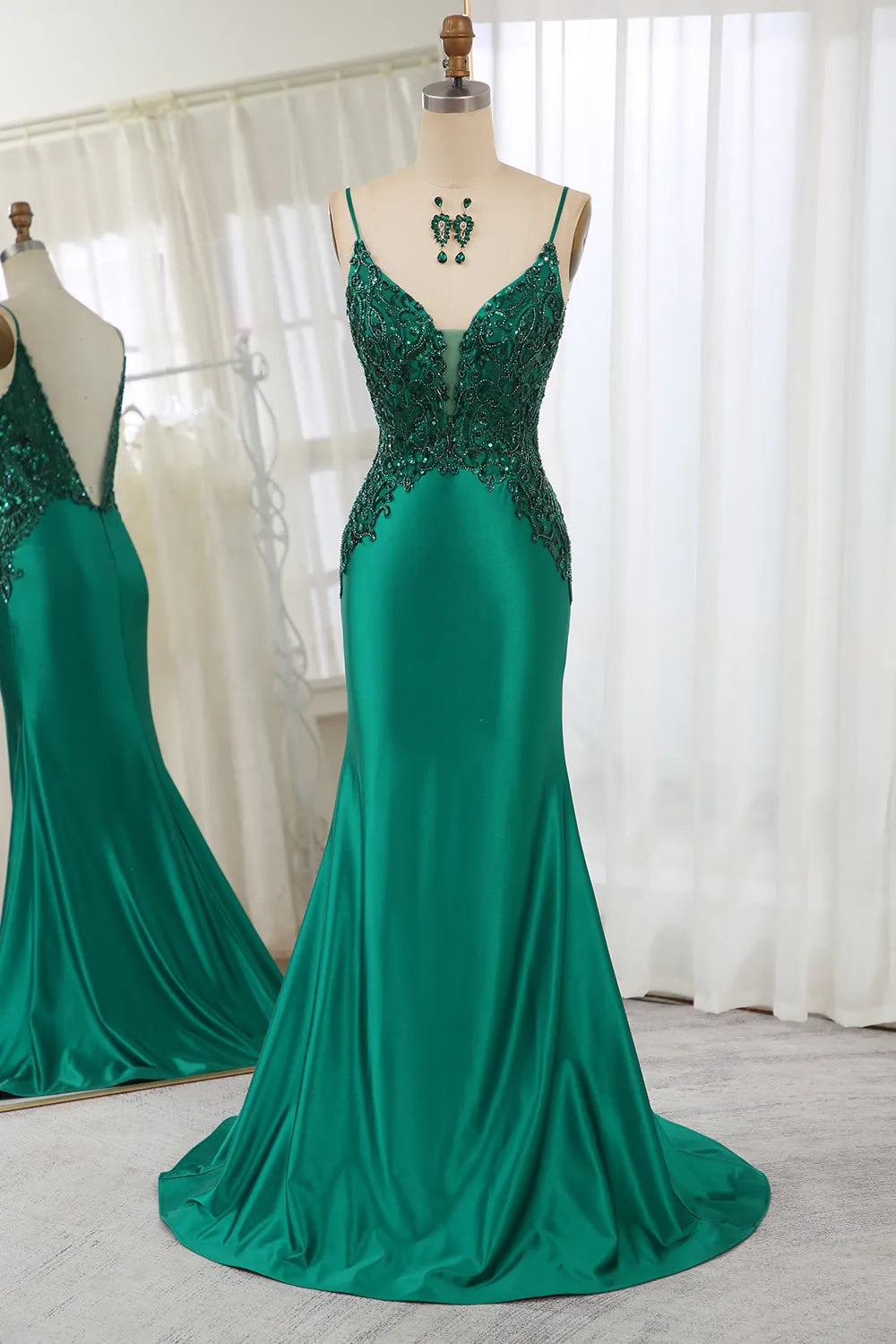 Wholesale Dark Green Spaghetti Straps Mermaid Satin Prom Dress With Appliques prom dresses with long sleeves