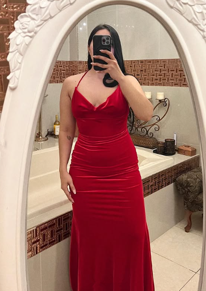 Sexy Spaghetti Straps Red Velvet Evening Dress Mermaid Prom Dresses