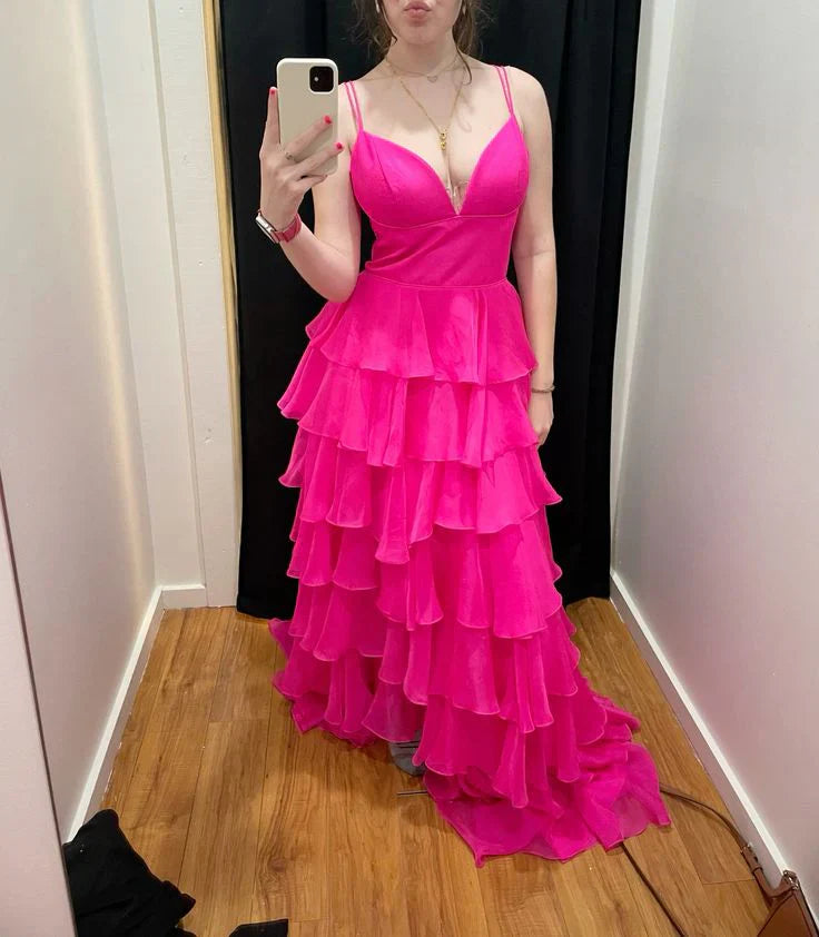Wholesale Sexy Fuchsia Layered A Line Evening Dress Chiffon Long Prom Dress Charming Party Dress