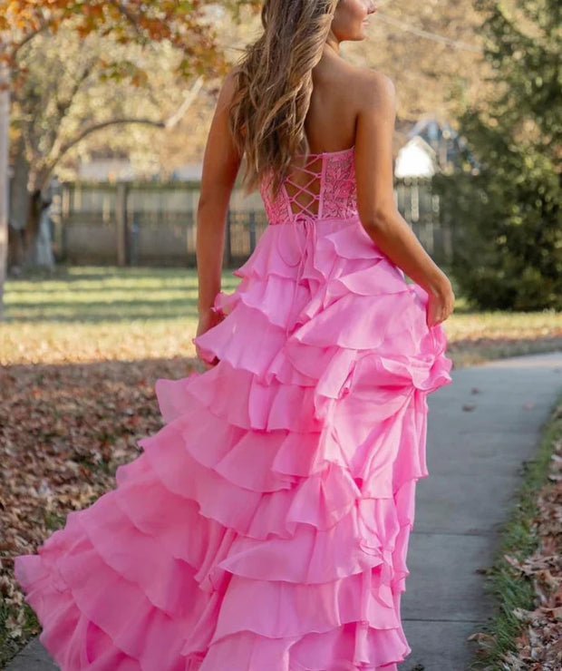 Aimishang Hot Pink A-Line Sweetheart Chiffon Tiered Long Prom Dresses with Appliques Charming Wholesale