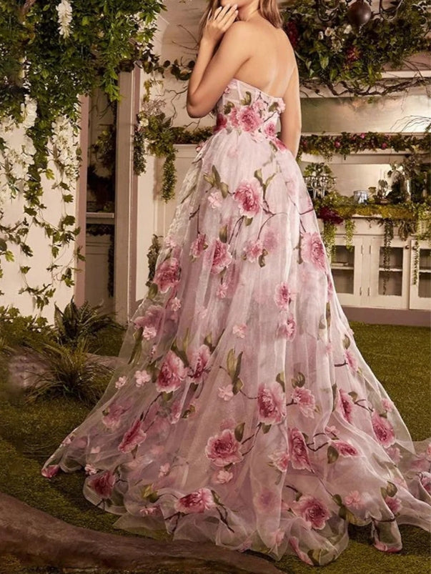 Aimishang Charming A-Line/Princess Strapless Long Prom Floral Dresses With Split Side