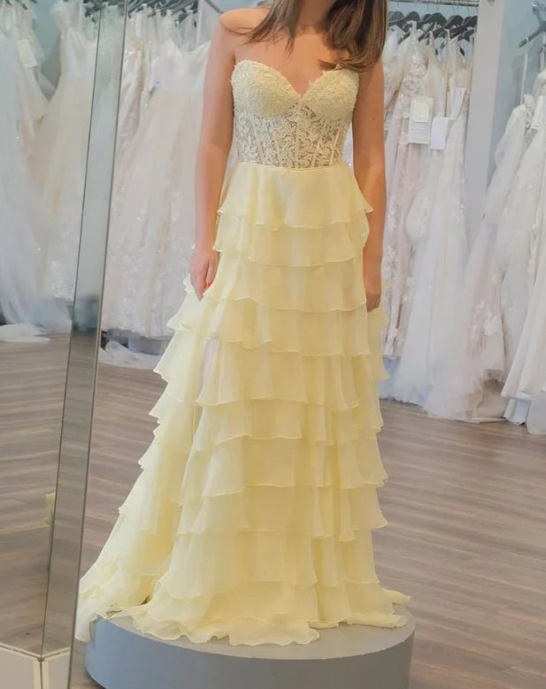 Aimishang Hot Pink A-Line Sweetheart Chiffon Tiered Long Prom Dresses with Appliques Charming Wholesale