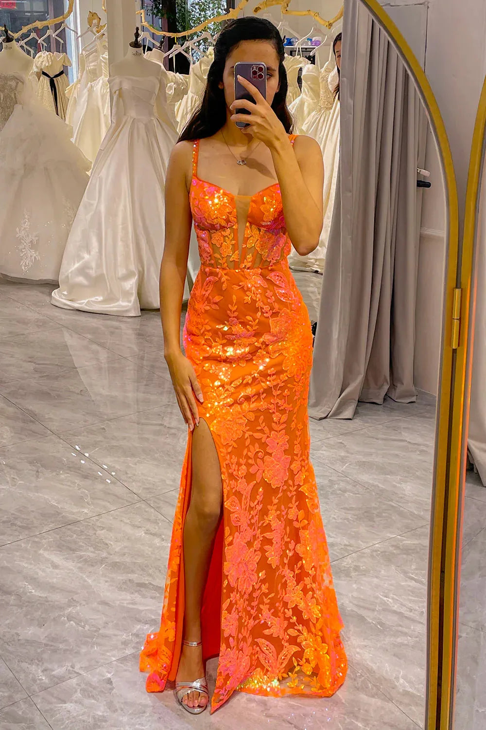 Wholesale Glitter Sequin Orange Mermaid Long Corset Prom Dress With Slit prom dresses with long sleeves