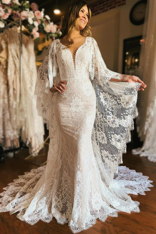 Aimishang Elegant Ivory Long Sleeve Cape Lace Mermaid Wedding Dress with Appliques