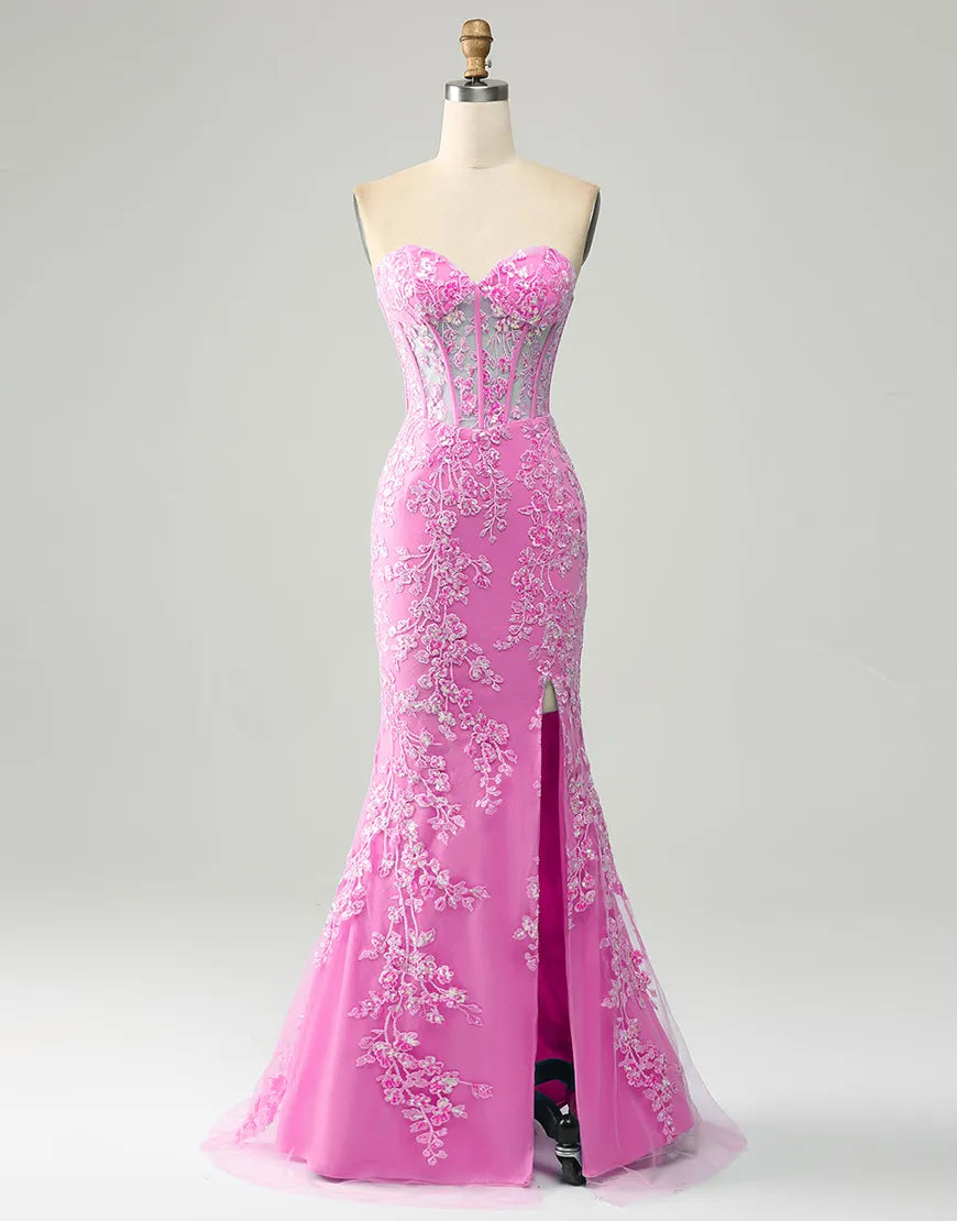 Wholesale Fuchsia Mermaid Sweetheart Lace Up Long Prom Dress With Appliques prom dresses shops