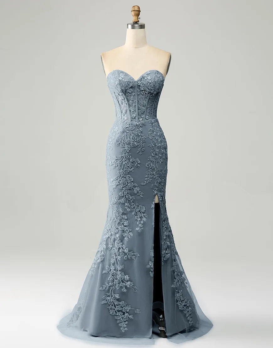 Wholesale Grey Blue Mermaid Sweetheart Lace Up Long Prom Dress With Appliques prom dresses shops