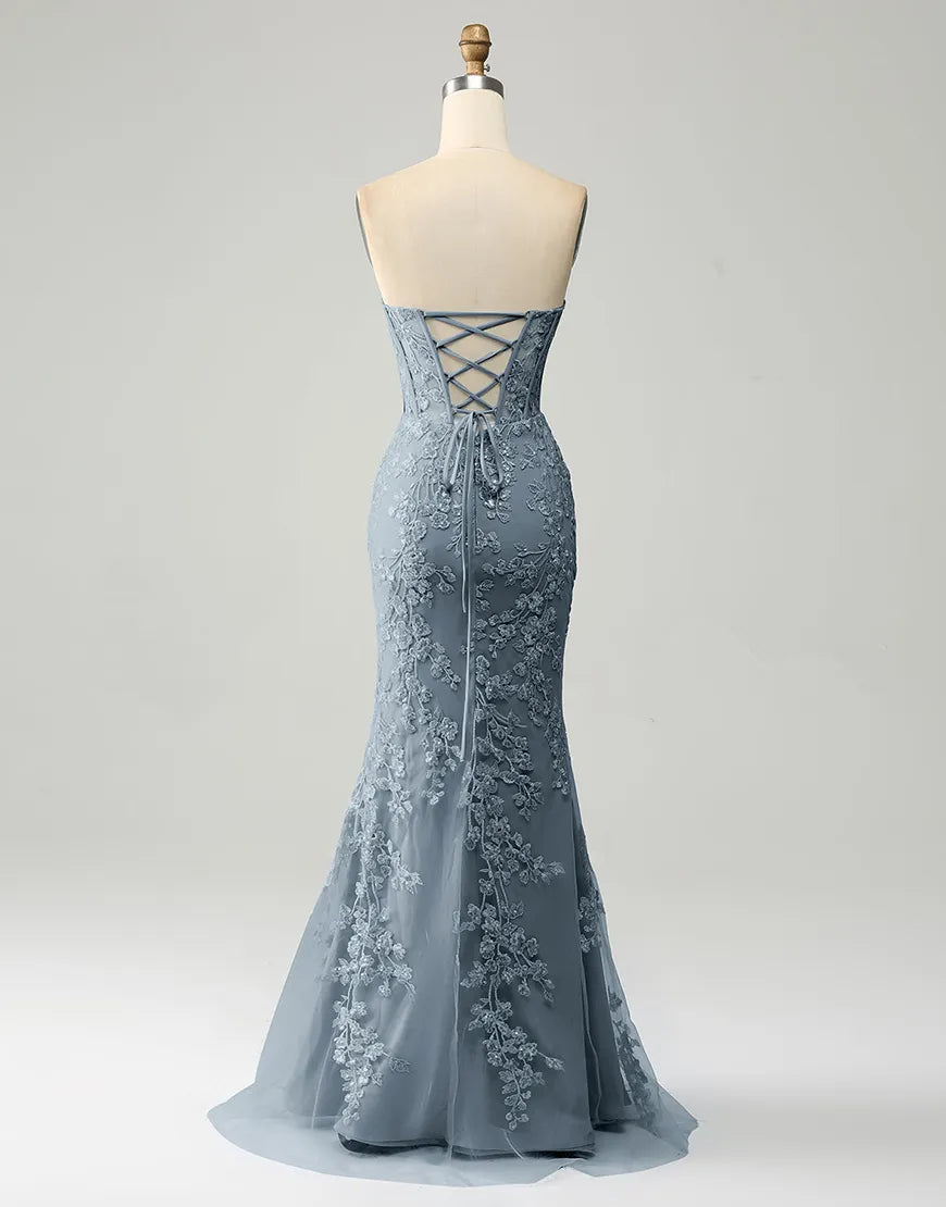 Wholesale Grey Blue Mermaid Sweetheart Lace Up Long Prom Dress With Appliques prom dresses shops