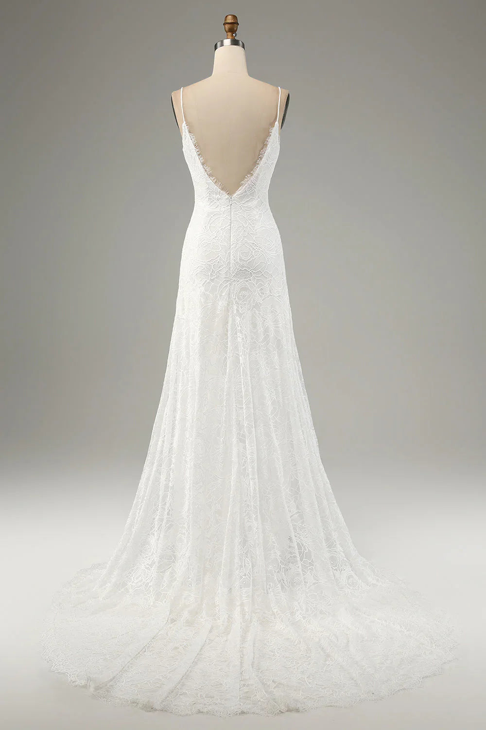 Ivory fish tail lace thin shoulder strap slit wedding dress