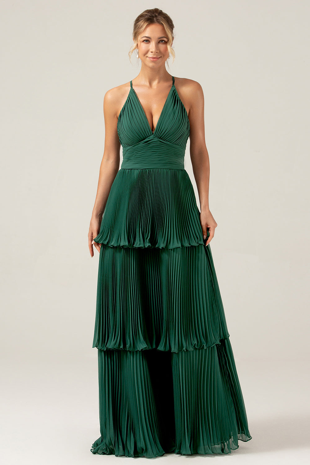 A-Line Tiered Chiffon Dark Green Long Bridesmaid Dress with Pleated