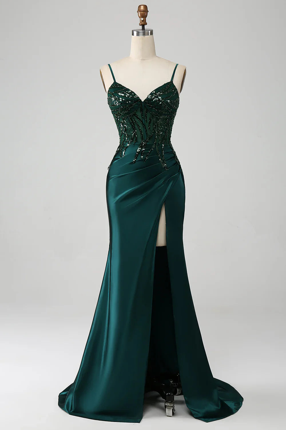 Aimishang Sparkly Dark Green Mermaid Sequin Pleated Corset Prom Dress With Slit