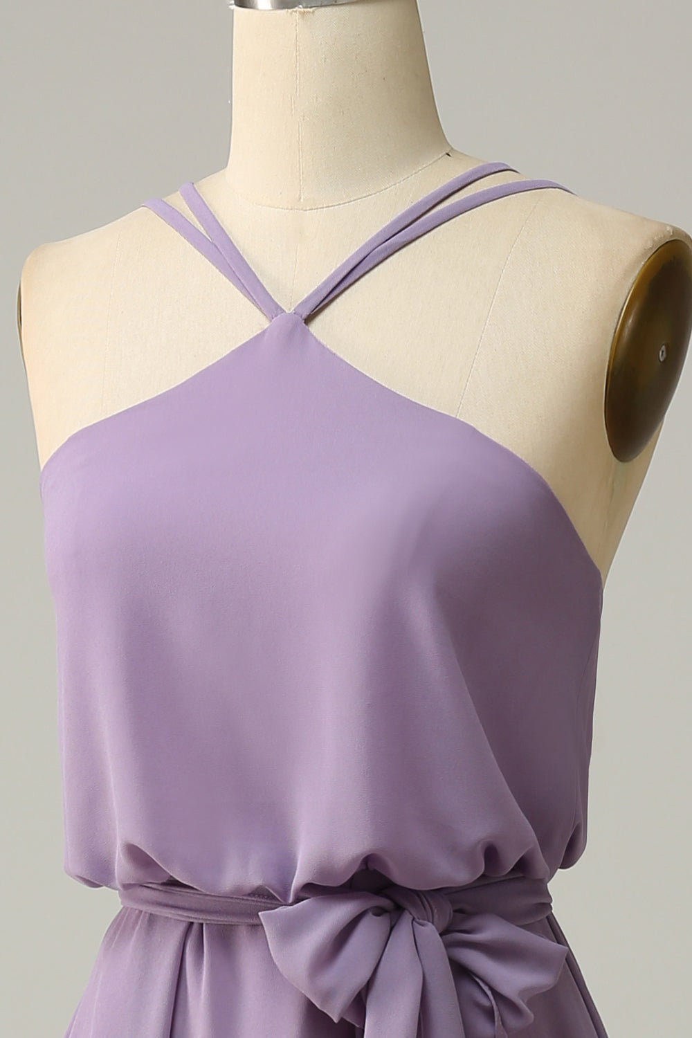 A Line Halter Yellow Long Bridemaid Dress with Bowknot