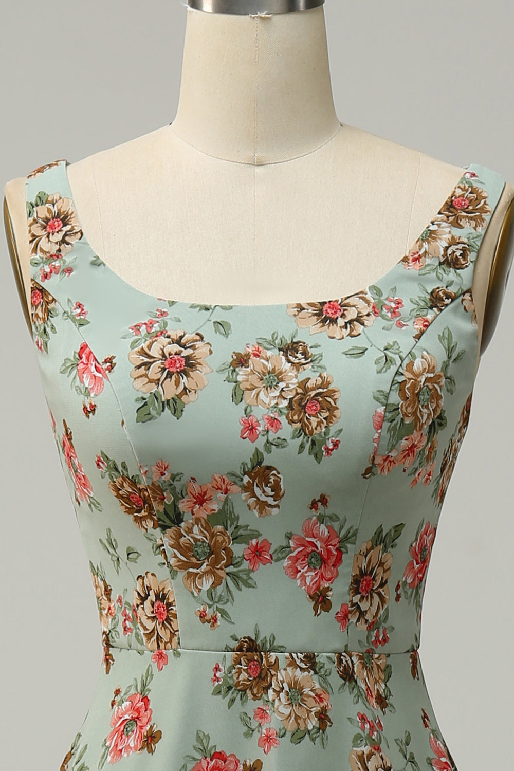 A Line Square Neck Pink Floral Long Bridesmaid Dress with Open Back