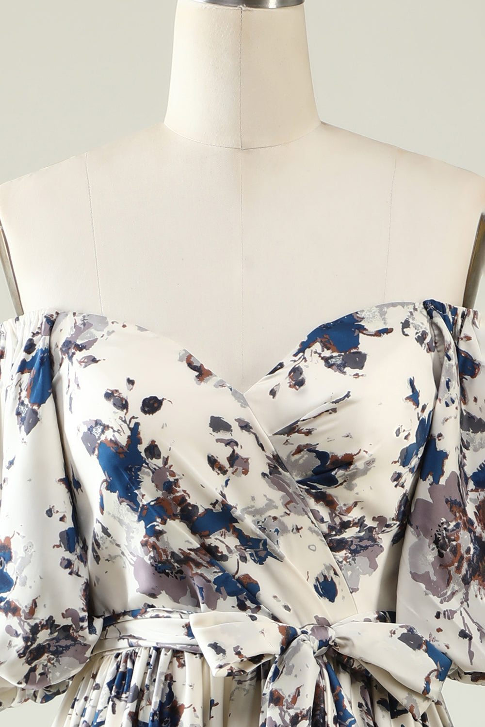 A Line Off the Shoulder White Blue Flower Long Bridesmaid Dress