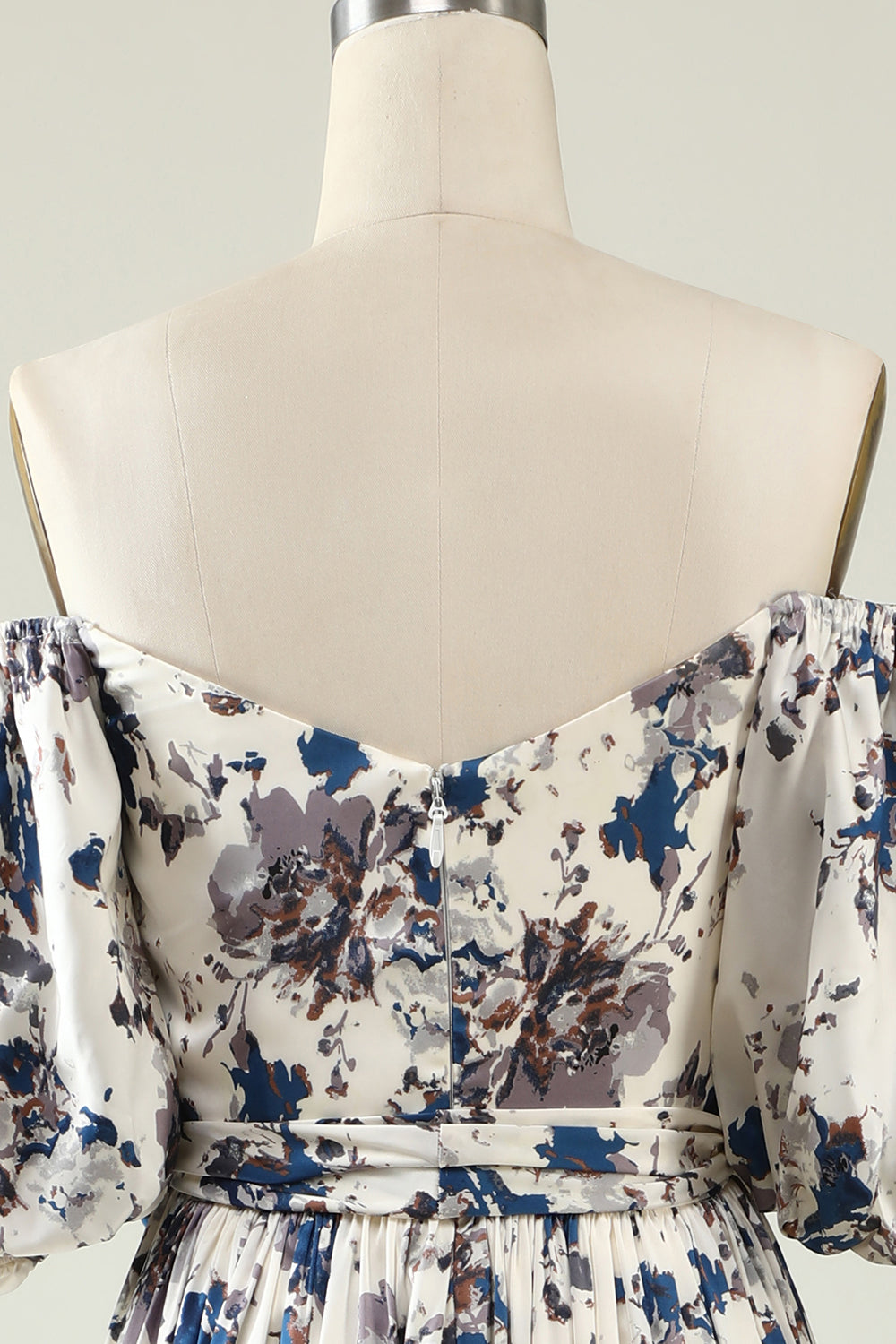 A Line Off the Shoulder White Blue Flower Long Bridesmaid Dress