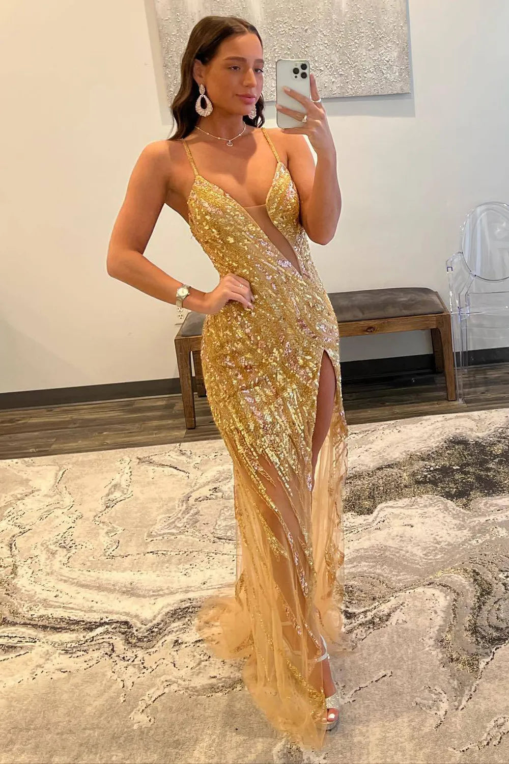 Wholesale Sparkly Sequin Gold Mermaid Spaghetti Straps Long Tulle Prom Dress With Split prom clothing