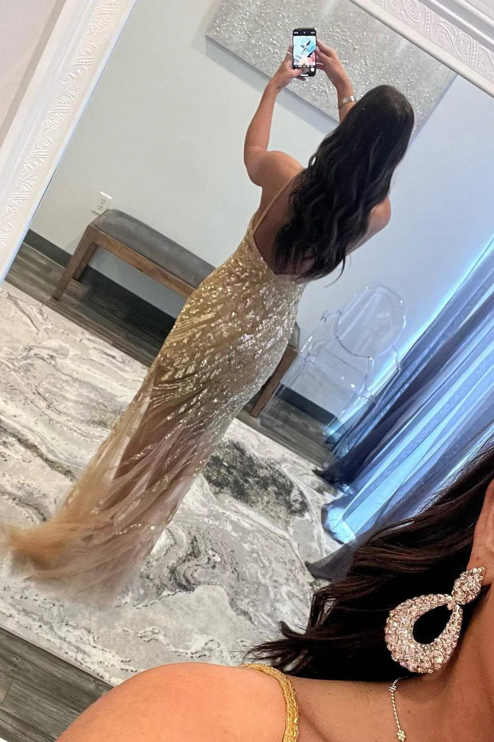 Wholesale Sparkly Sequin Gold Mermaid Spaghetti Straps Long Tulle Prom Dress With Split prom clothing