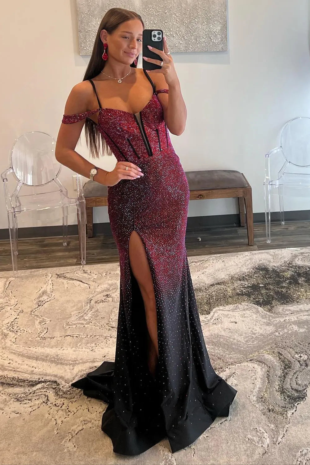 Wholesale Luxurious Burgundy Mermaid Off The Shoulder Long Corset Beaded Prom Dress prom dresses with long sleeves