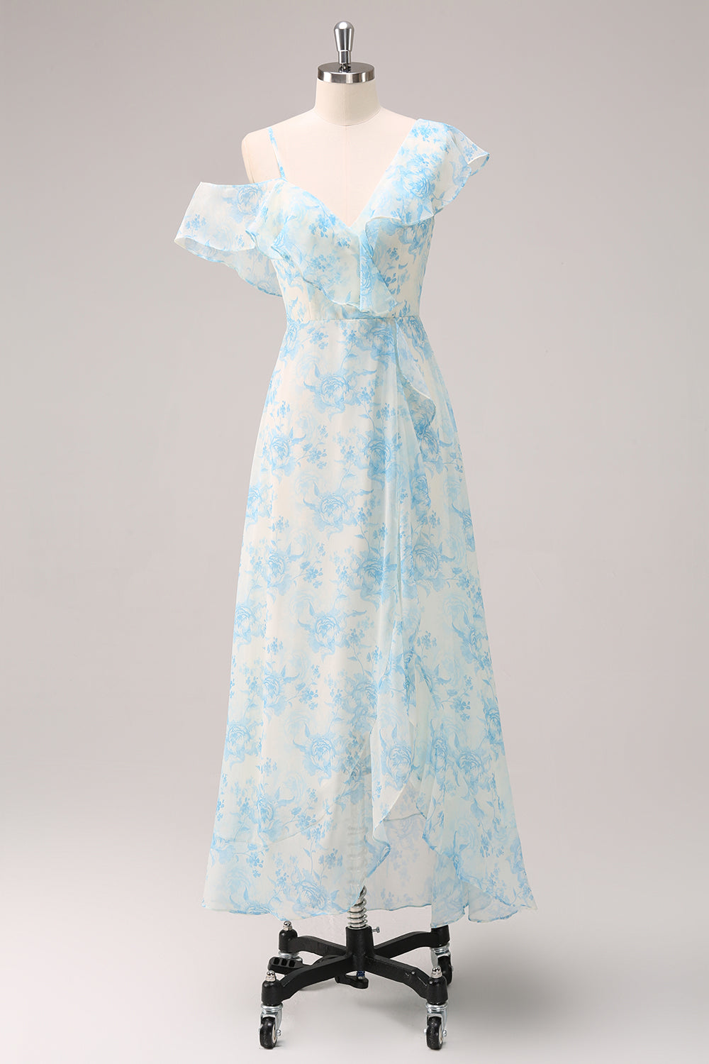 A-Line White Blue Flower Chiffon Bridesmaid Dress with Slit