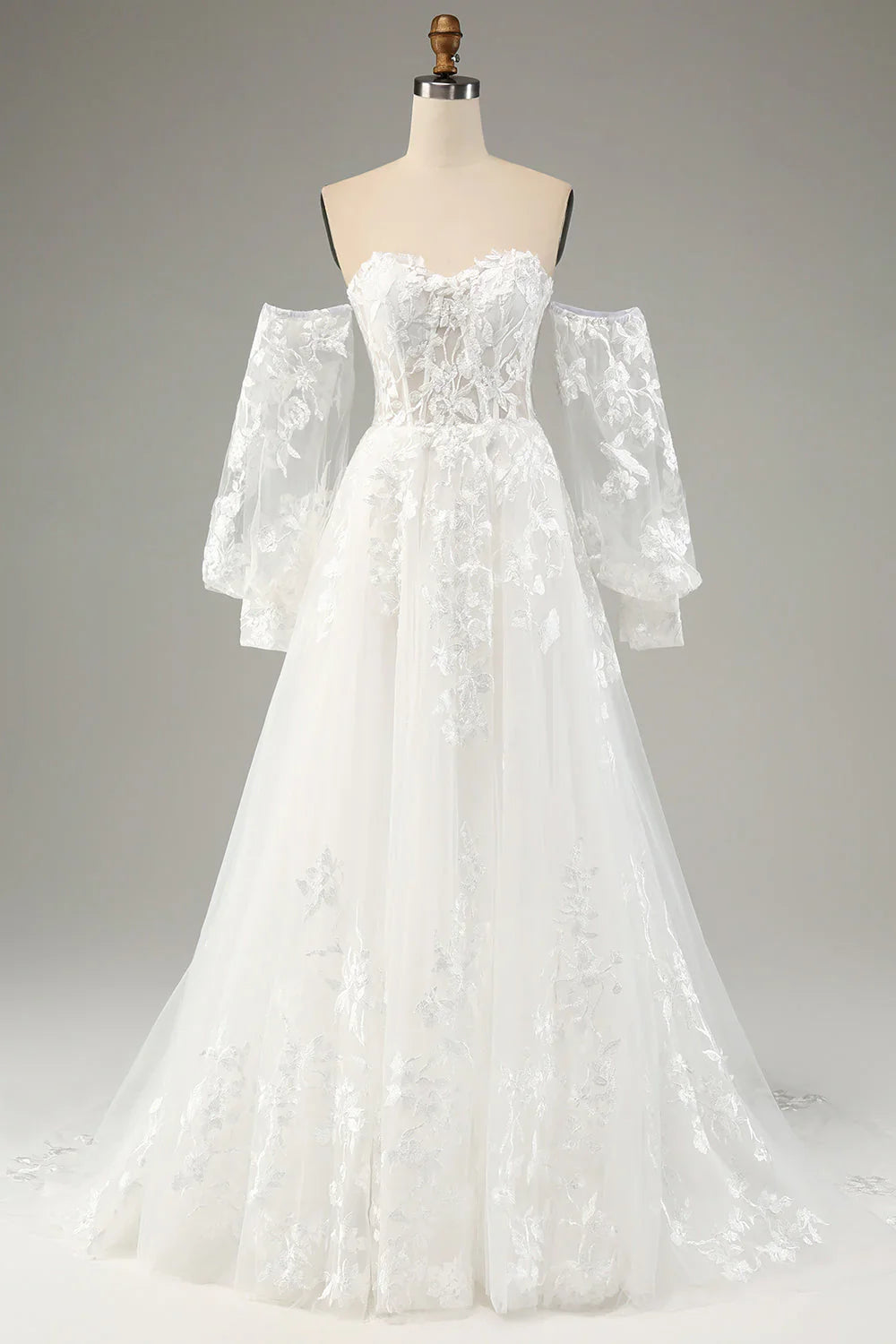 White A-line chiffon long sleeved wedding dress with applique lace