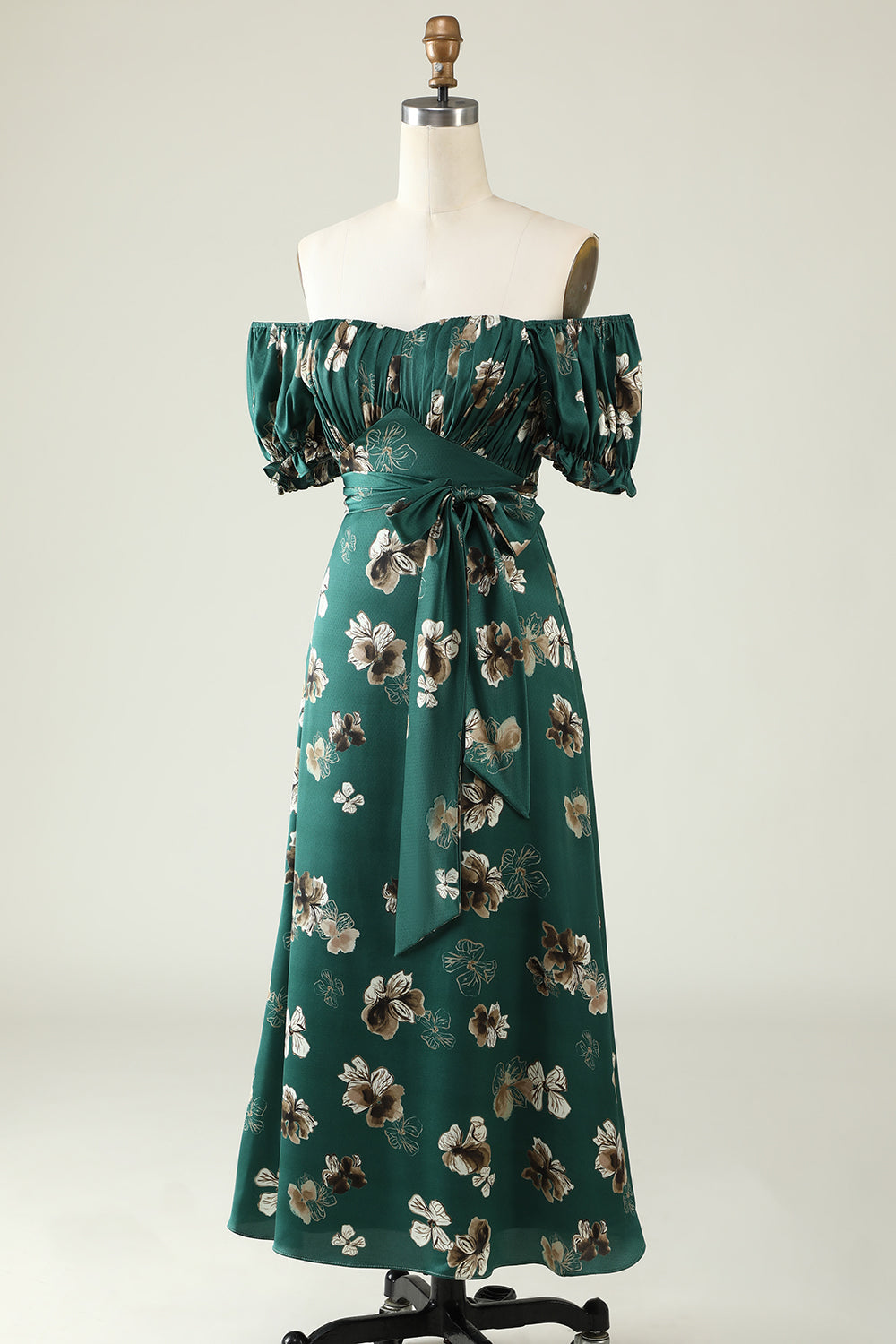 A Line Off the Shoulder Dark Green Printed Bridesmaid Dress