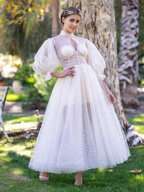 Aimishang Elegant Stand Collar with Ruffle Cuffs front Slit Prom Dress