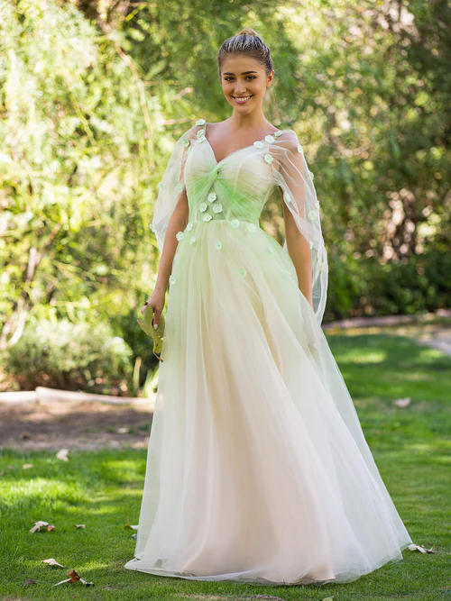 Aimishang Elegant Evening Dress V-neck 3D Applique Floor Length Tulle Prom Dress