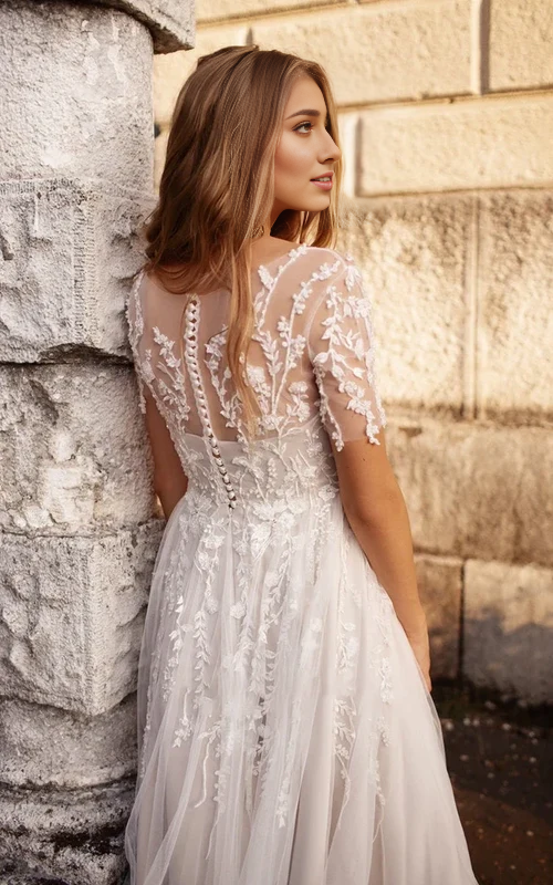 Aimishang Tea Length Sleeves Ethereal Modern A-Line V-Neck Button Back Wedding Dress